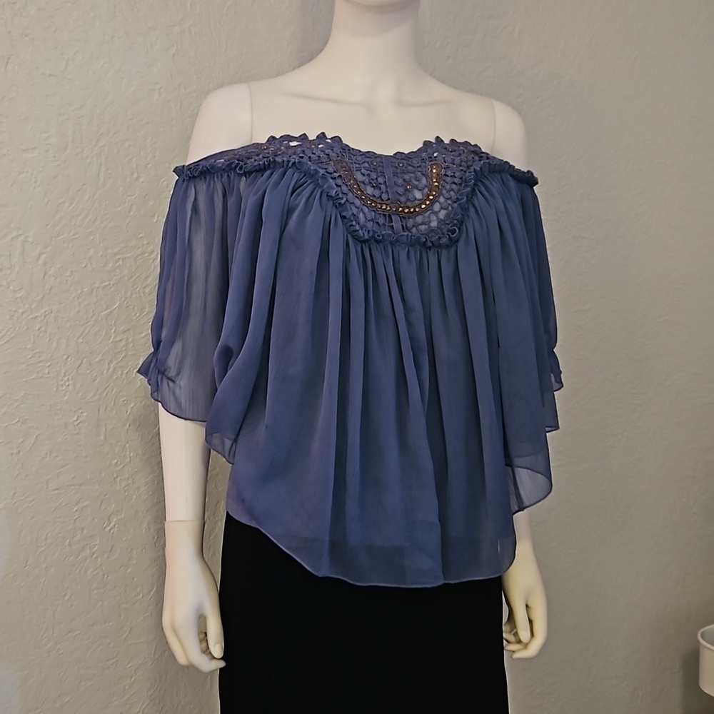 VTG NINE WEST Fairycore Blue Crochet Lace Chiffon Shawl Poncho Festival Top - Picture 4 of 9